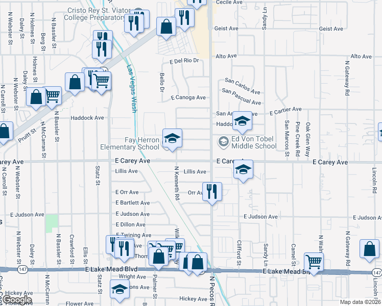 map of restaurants, bars, coffee shops, grocery stores, and more near 3605 East Broadway Avenue in North Las Vegas