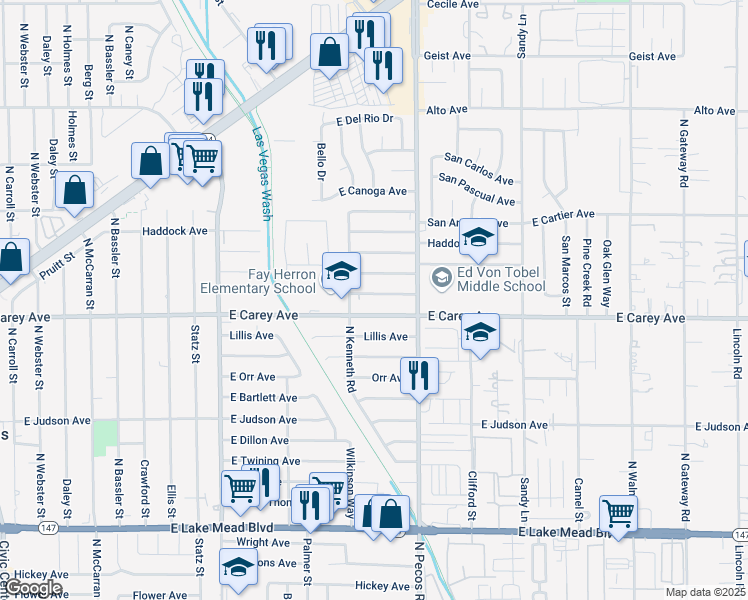 map of restaurants, bars, coffee shops, grocery stores, and more near 3601 East Broadway Avenue in North Las Vegas