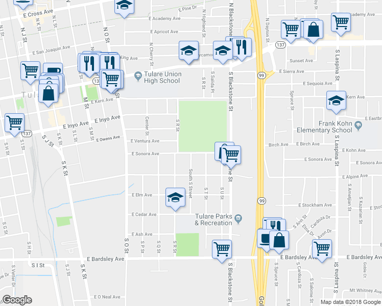 map of restaurants, bars, coffee shops, grocery stores, and more near 468 South S Street in Tulare