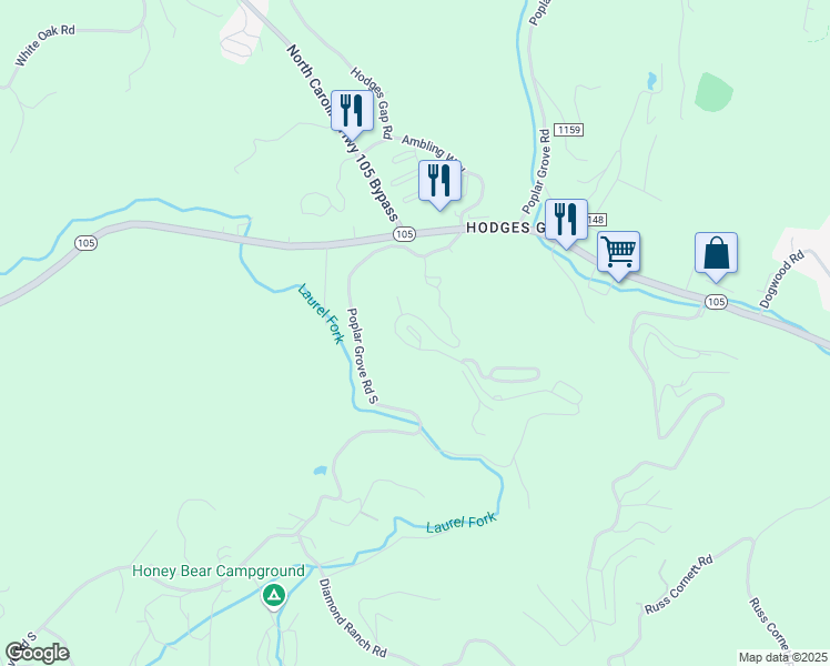 map of restaurants, bars, coffee shops, grocery stores, and more near 615 Fallview Lane in Boone
