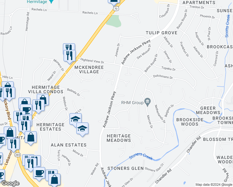 map of restaurants, bars, coffee shops, grocery stores, and more near 4262 Andrew Jackson Parkway in Nashville