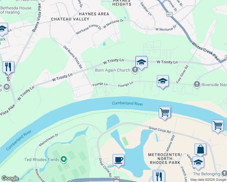 map of restaurants, bars, coffee shops, grocery stores, and more near 910 Youngs Lane in Nashville