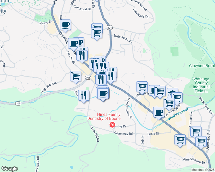 map of restaurants, bars, coffee shops, grocery stores, and more near 1168 Blowing Rock Road in Boone