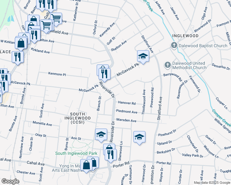 map of restaurants, bars, coffee shops, grocery stores, and more near 1703 Evelyn Avenue in Nashville