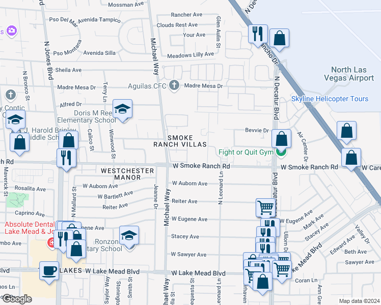 map of restaurants, bars, coffee shops, grocery stores, and more near 5250 Smoke Ranch Road in Las Vegas