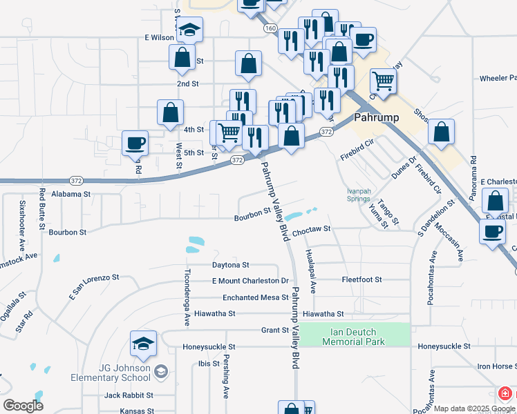 map of restaurants, bars, coffee shops, grocery stores, and more near 1250 Bourbon Street in Pahrump