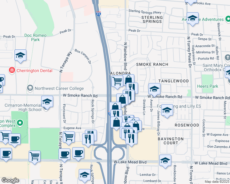 map of restaurants, bars, coffee shops, grocery stores, and more near 2451 North Rainbow Boulevard in Las Vegas
