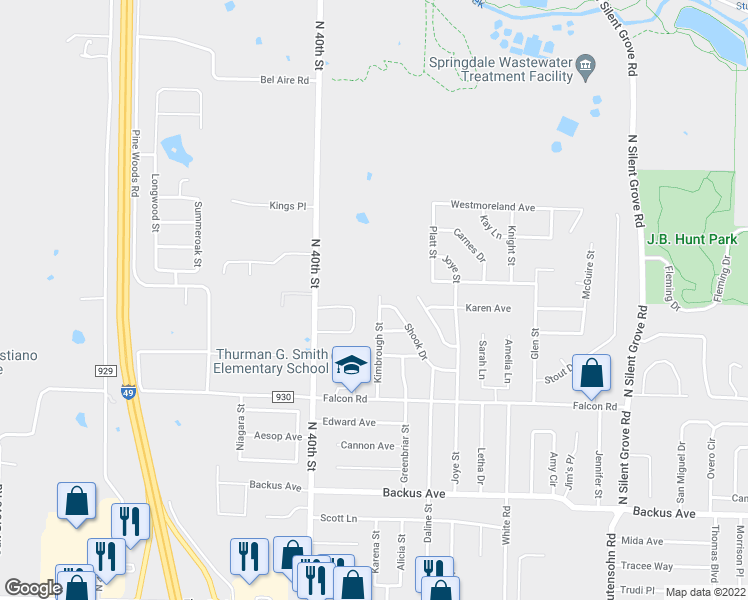 map of restaurants, bars, coffee shops, grocery stores, and more near 1902 Kimbrough Street in Springdale