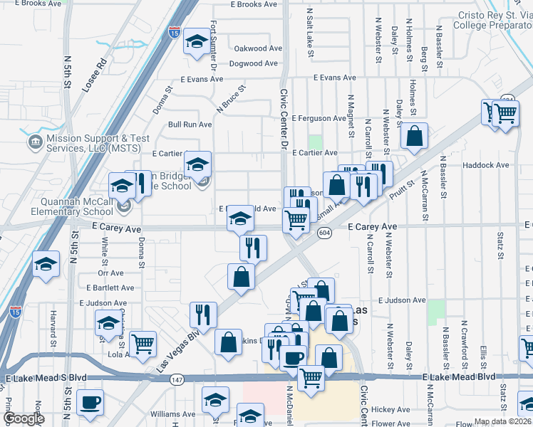 map of restaurants, bars, coffee shops, grocery stores, and more near 1621 East McDonald Avenue in North Las Vegas