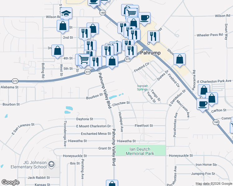 map of restaurants, bars, coffee shops, grocery stores, and more near 1341 Bourbon Street in Pahrump