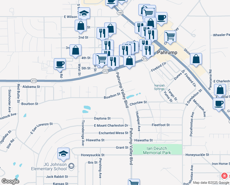 map of restaurants, bars, coffee shops, grocery stores, and more near 1250 Bourbon Street in Pahrump