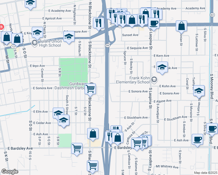map of restaurants, bars, coffee shops, grocery stores, and more near 602 South Dayton Street in Tulare