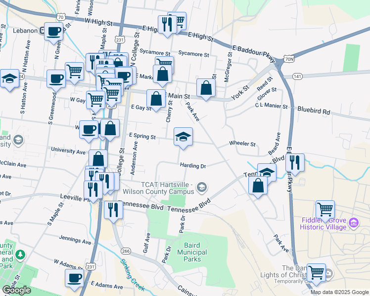 map of restaurants, bars, coffee shops, grocery stores, and more near 402 East Spring Street in Lebanon