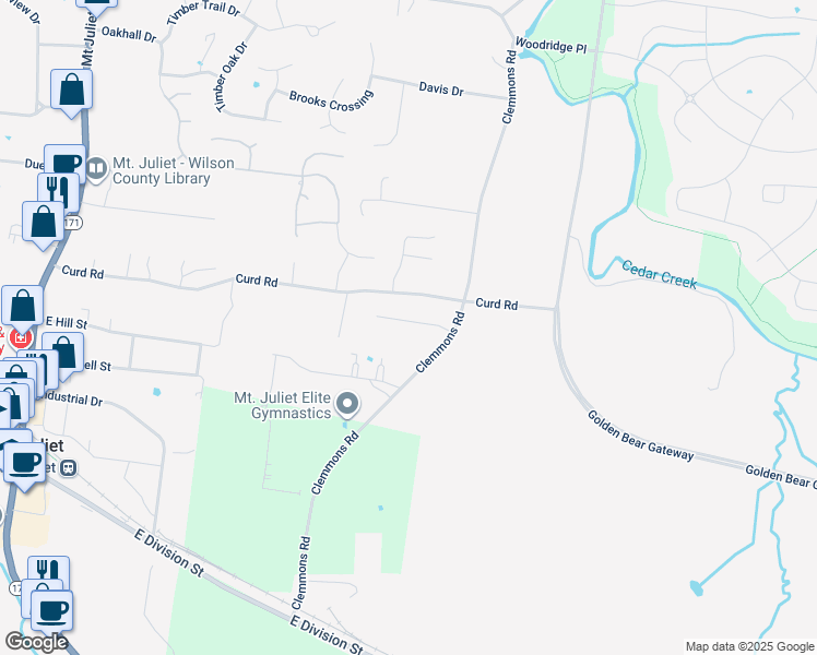 map of restaurants, bars, coffee shops, grocery stores, and more near 940 Curd Road in Mt. Juliet