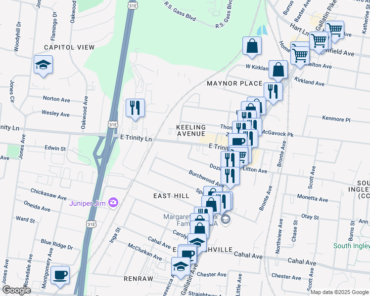 map of restaurants, bars, coffee shops, grocery stores, and more near 1032b East Trinity Lane in Nashville