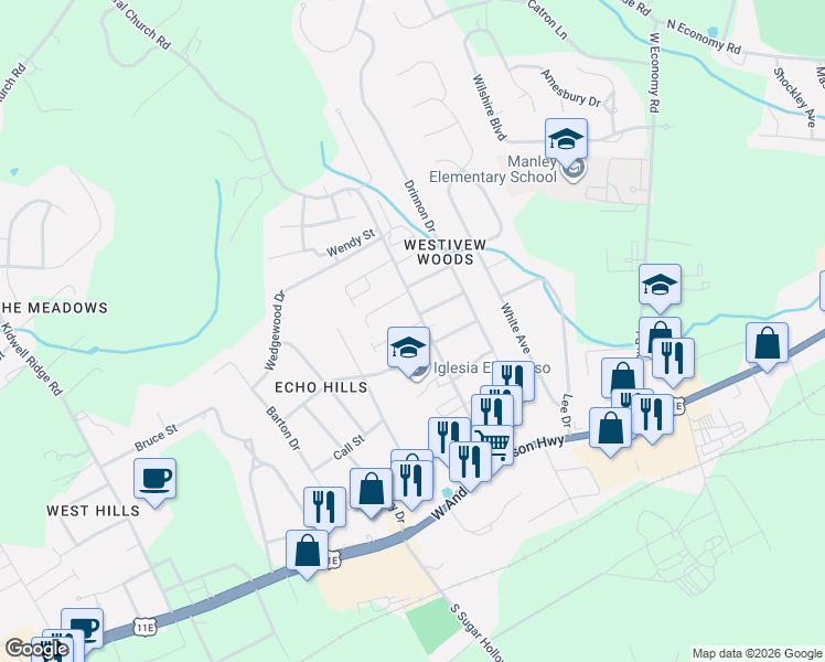 map of restaurants, bars, coffee shops, grocery stores, and more near 3456 Hamilton Place in Morristown