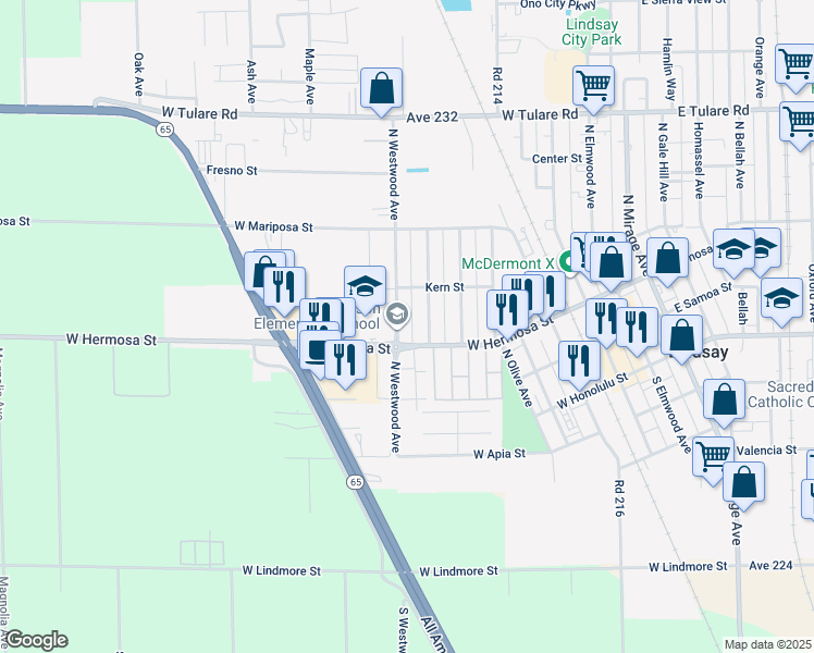 map of restaurants, bars, coffee shops, grocery stores, and more near 336 N Westwood Ave in Lindsay