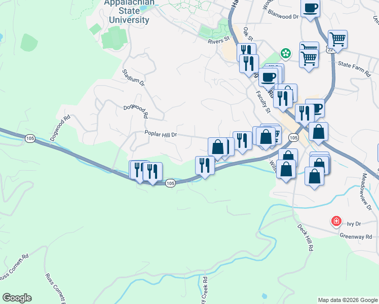map of restaurants, bars, coffee shops, grocery stores, and more near 169 Chandy Street in Boone