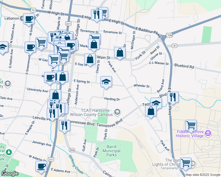 map of restaurants, bars, coffee shops, grocery stores, and more near 402 East Spring Street in Lebanon