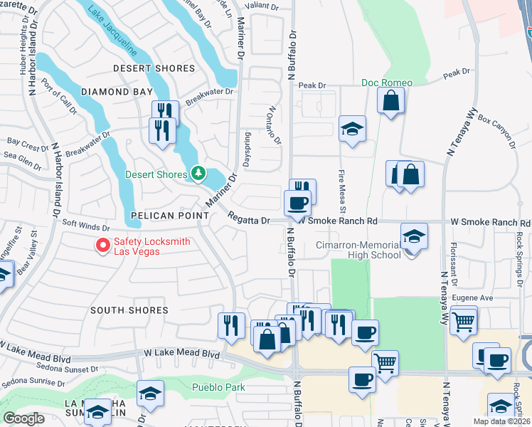 map of restaurants, bars, coffee shops, grocery stores, and more near 7612 Shore Haven Drive in Las Vegas