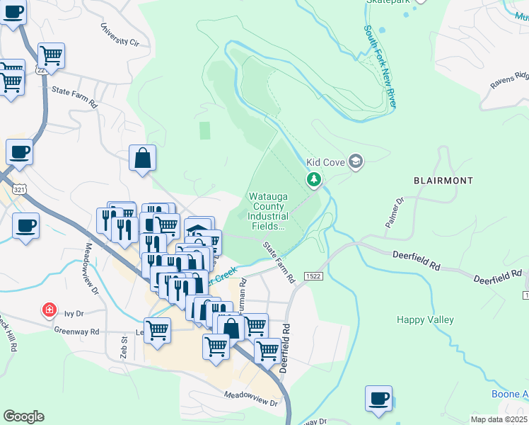 map of restaurants, bars, coffee shops, grocery stores, and more near 231 Complex Drive in Boone