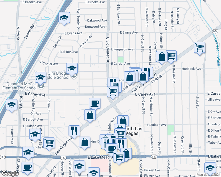 map of restaurants, bars, coffee shops, grocery stores, and more near 2417 Saint George Street in North Las Vegas
