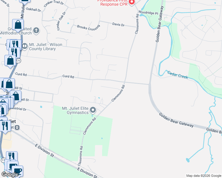 map of restaurants, bars, coffee shops, grocery stores, and more near 940 Curd Road in Mt. Juliet