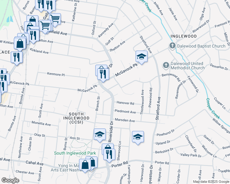 map of restaurants, bars, coffee shops, grocery stores, and more near 1703 Evelyn Avenue in Nashville