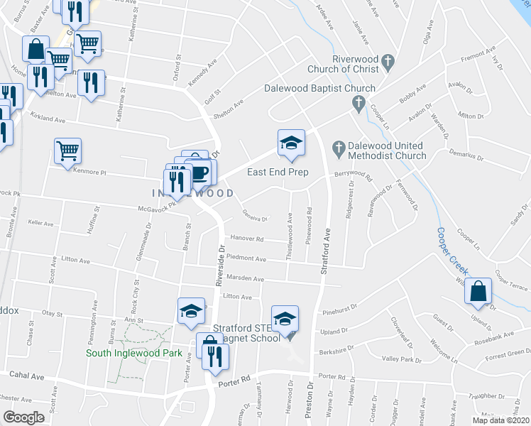 map of restaurants, bars, coffee shops, grocery stores, and more near 2105 Geneiva Drive in Nashville