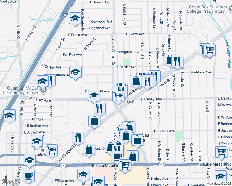 map of restaurants, bars, coffee shops, grocery stores, and more near 2417 Saint George Street in North Las Vegas