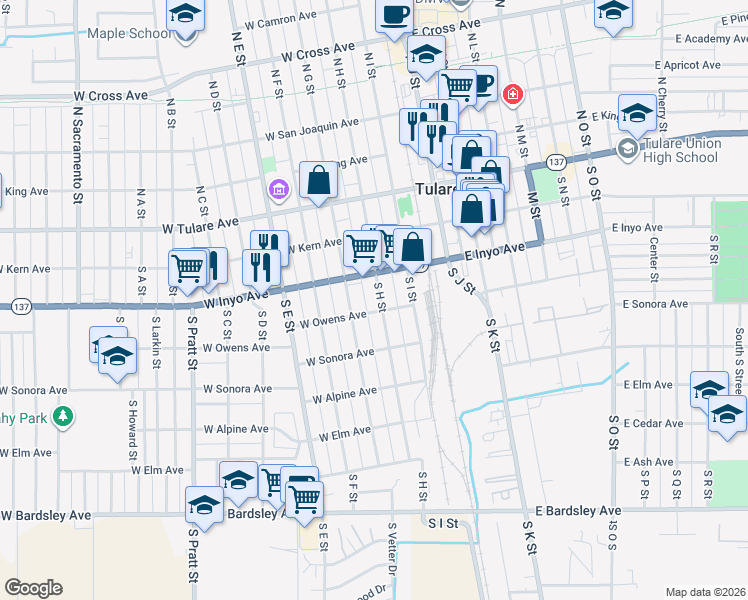 map of restaurants, bars, coffee shops, grocery stores, and more near 331 South H Street in Tulare