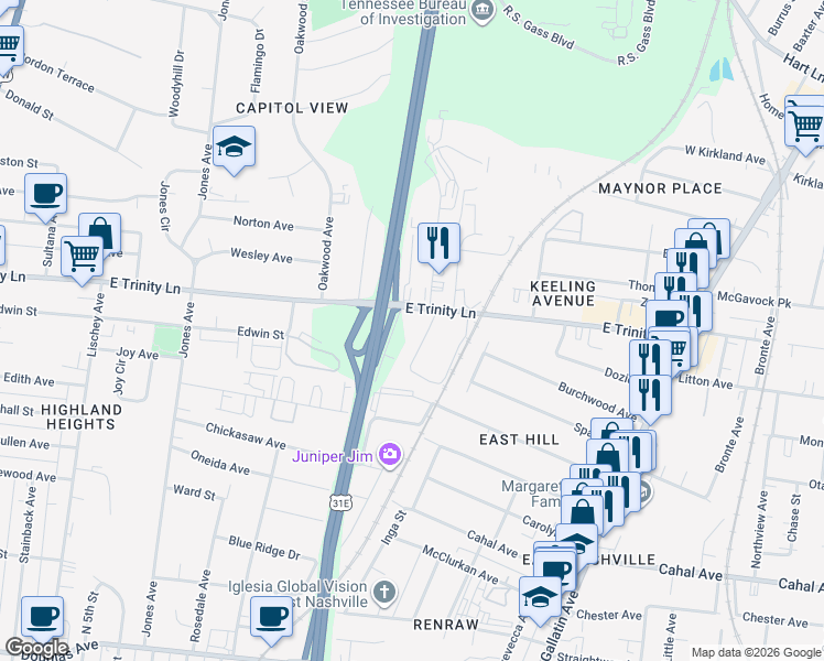 map of restaurants, bars, coffee shops, grocery stores, and more near 900 East Trinity Lane in Nashville