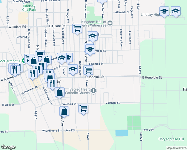 map of restaurants, bars, coffee shops, grocery stores, and more near 759 East Honolulu Street in Lindsay