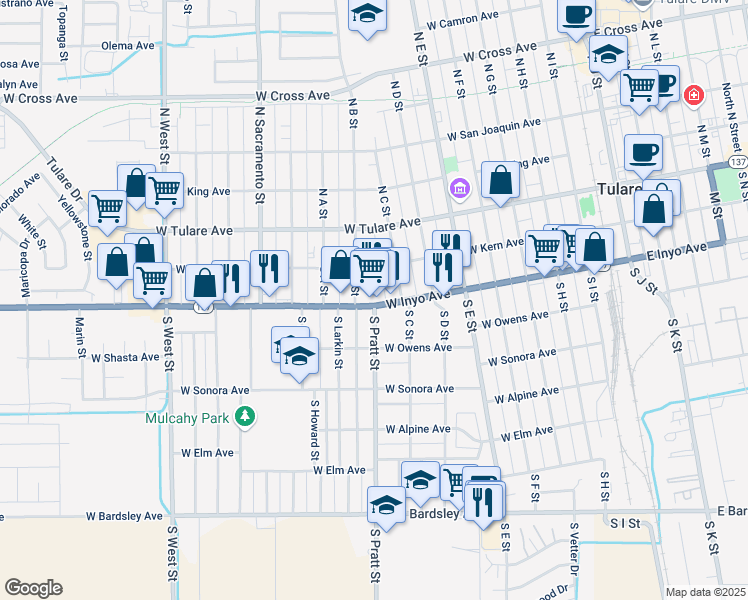 map of restaurants, bars, coffee shops, grocery stores, and more near 772 West Inyo Avenue in Tulare