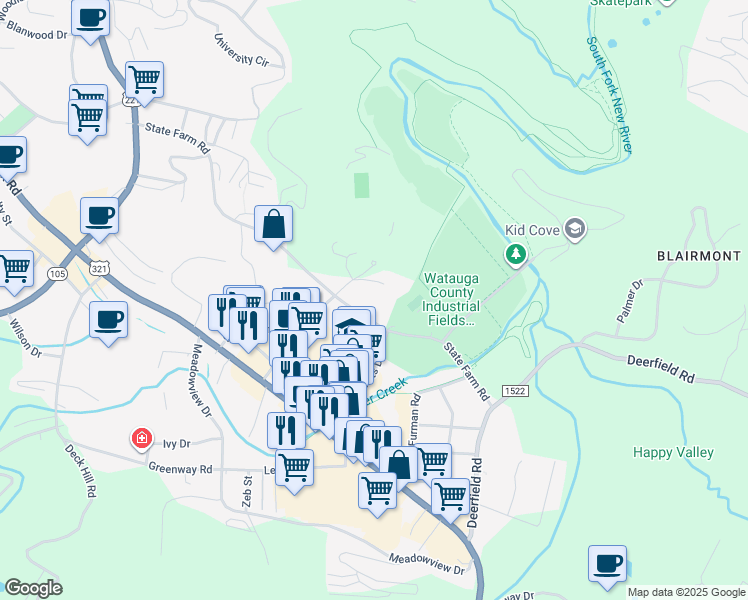 map of restaurants, bars, coffee shops, grocery stores, and more near 300 State Farm Road in Boone
