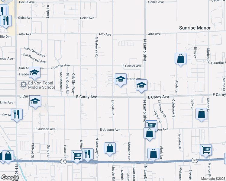 map of restaurants, bars, coffee shops, grocery stores, and more near 2450 Lincoln Road in Las Vegas