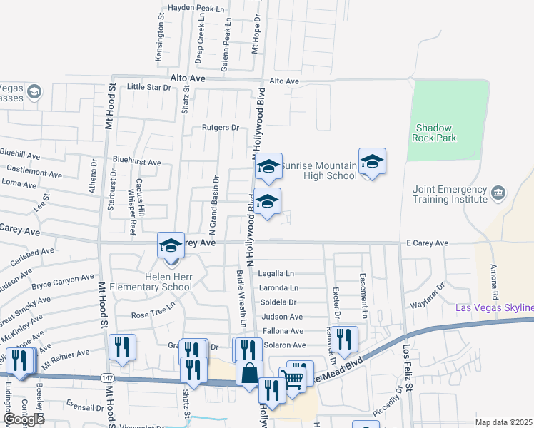 map of restaurants, bars, coffee shops, grocery stores, and more near 2450 North Hollywood Boulevard in Las Vegas