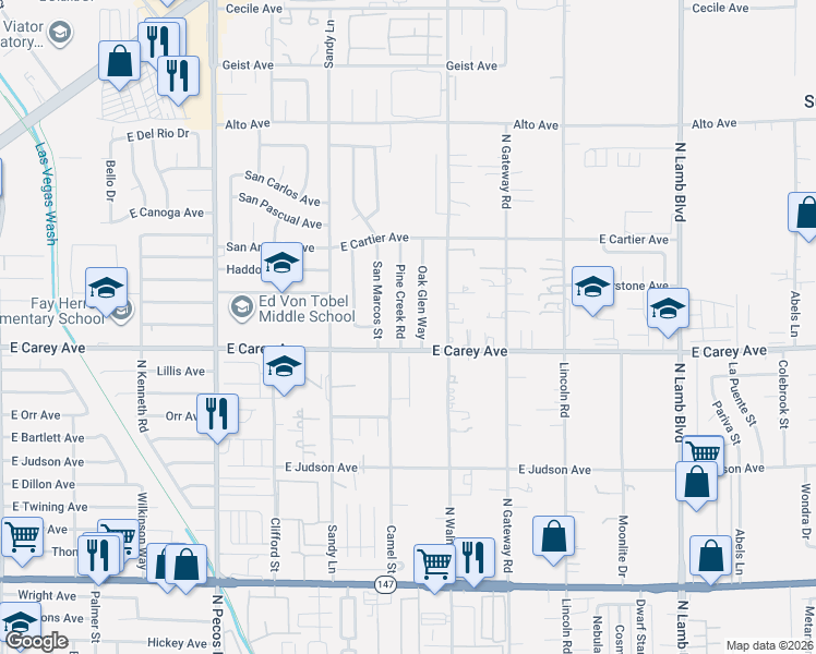 map of restaurants, bars, coffee shops, grocery stores, and more near 2438 Pine Creek Road in Las Vegas