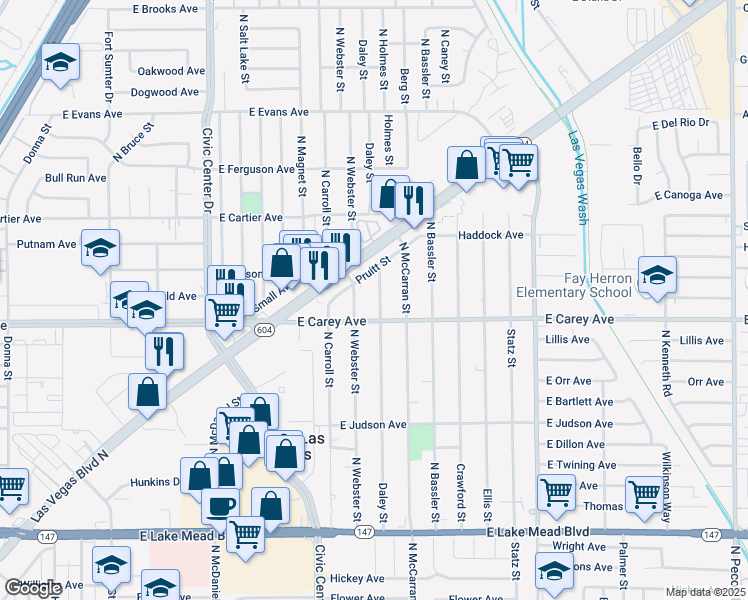 map of restaurants, bars, coffee shops, grocery stores, and more near 2420 North Webster Street in North Las Vegas