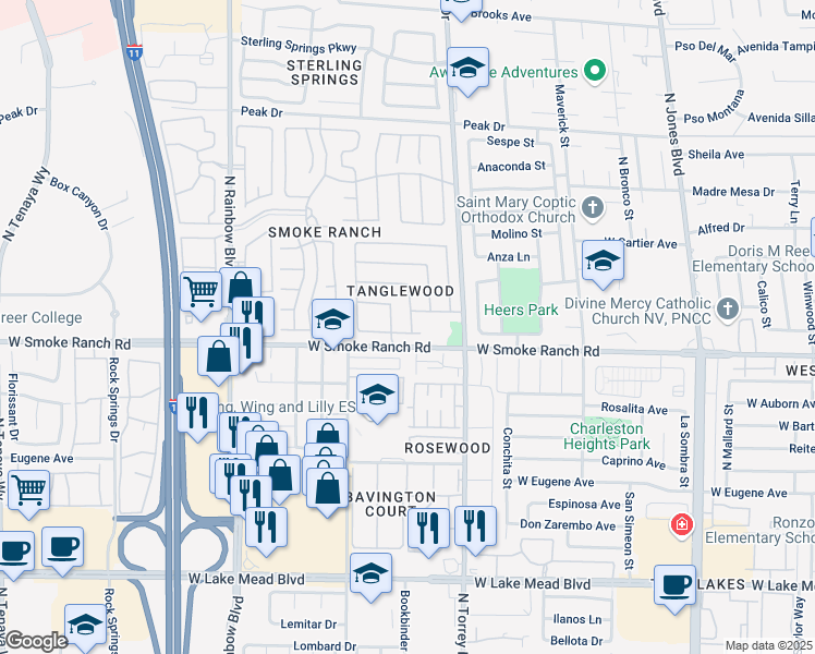 map of restaurants, bars, coffee shops, grocery stores, and more near 2413 Olivewood Street in Las Vegas