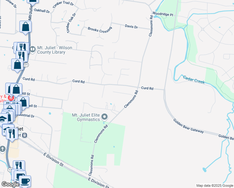 map of restaurants, bars, coffee shops, grocery stores, and more near 742 Curd Road in Mt. Juliet