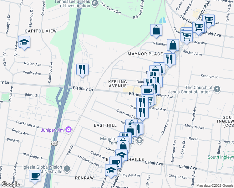 map of restaurants, bars, coffee shops, grocery stores, and more near 1032b East Trinity Lane in Nashville