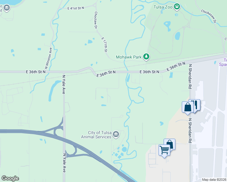 map of restaurants, bars, coffee shops, grocery stores, and more near 5520 East 34th Street North in Tulsa