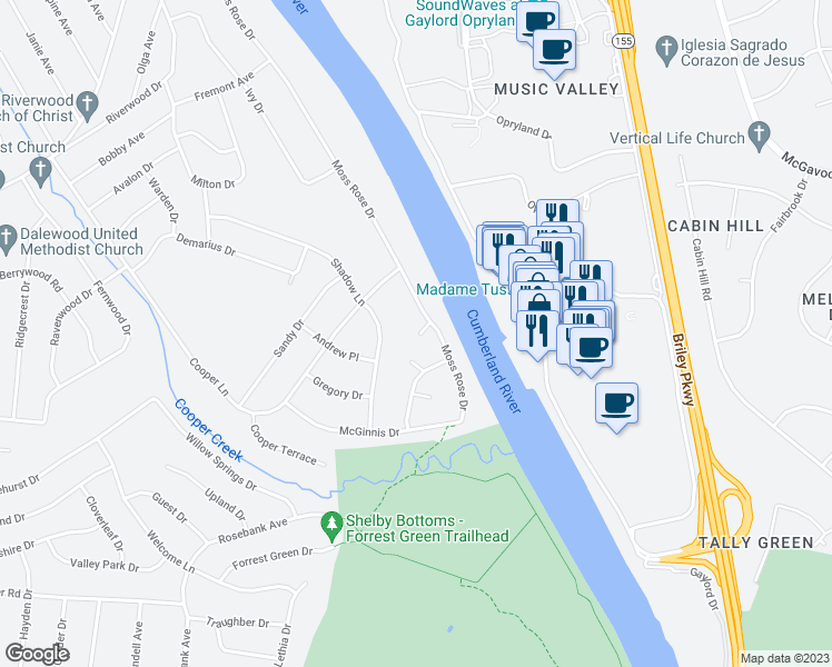 map of restaurants, bars, coffee shops, grocery stores, and more near 306 Moss Rose Court in Nashville