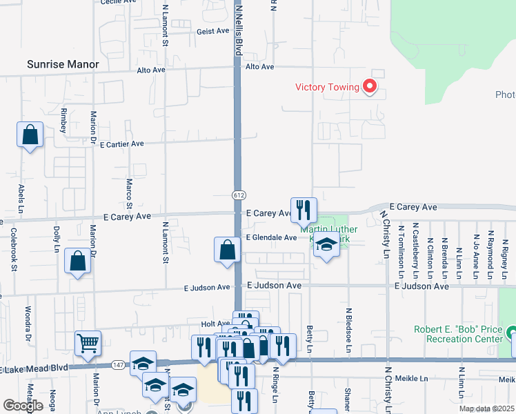 map of restaurants, bars, coffee shops, grocery stores, and more near 5210 East Carey Avenue in Las Vegas