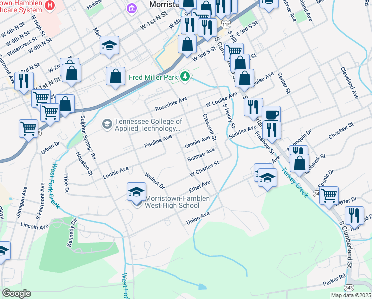 map of restaurants, bars, coffee shops, grocery stores, and more near 523 Lennie Avenue in Morristown