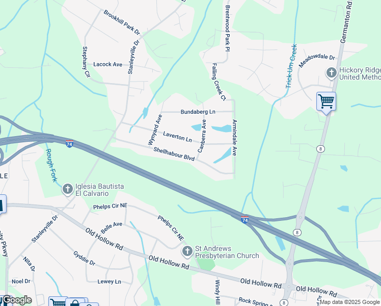 map of restaurants, bars, coffee shops, grocery stores, and more near 781 Shellhabour Boulevard in Rural Hall