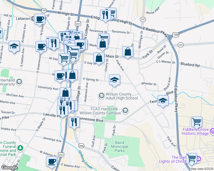 map of restaurants, bars, coffee shops, grocery stores, and more near 306 East Spring Street in Lebanon