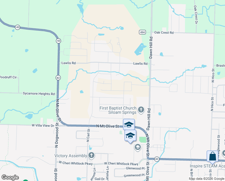 map of restaurants, bars, coffee shops, grocery stores, and more near 2404 Heritage Ranch Drive in Siloam Springs