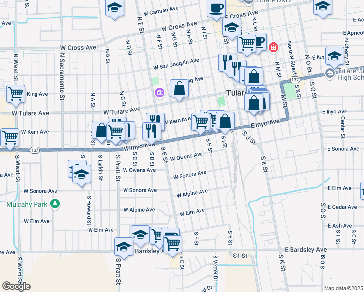 map of restaurants, bars, coffee shops, grocery stores, and more near 328 South F Street in Tulare